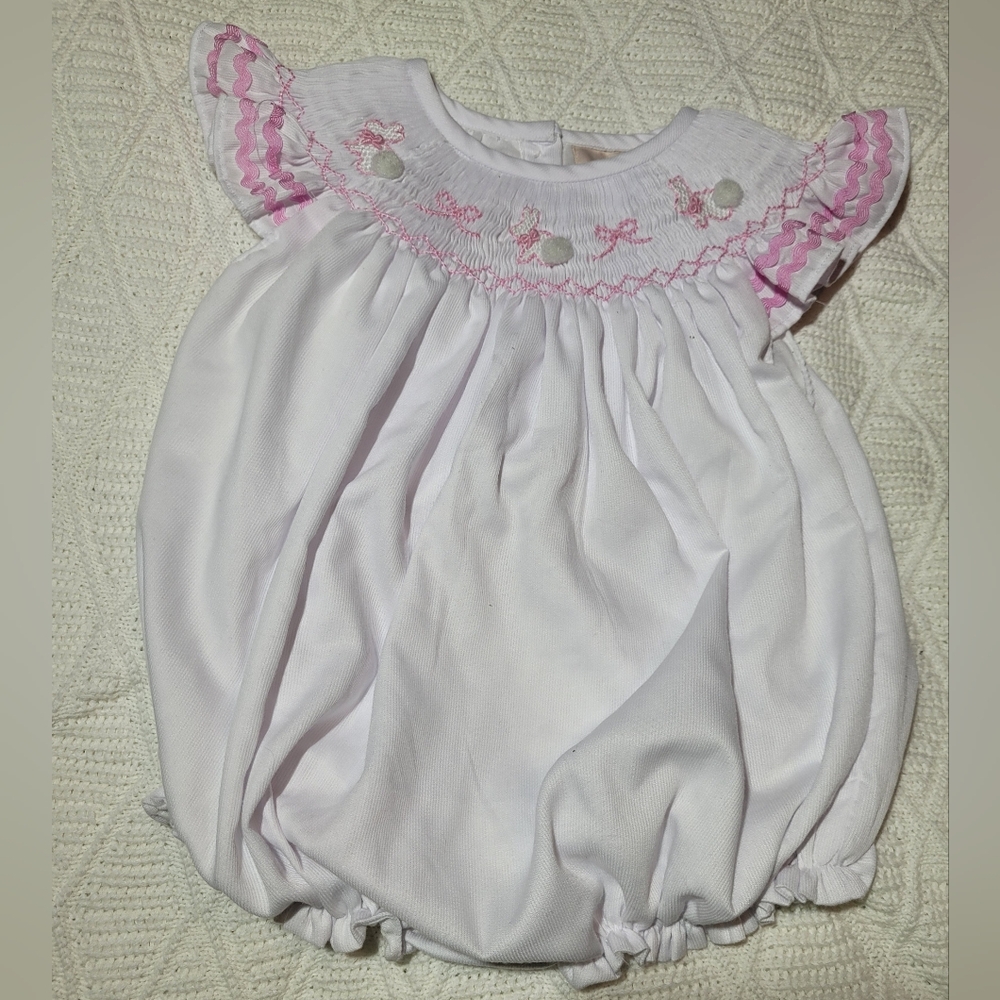 Smockingbird Pink and White Baby Romper